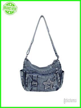 Denim Crossbody Bag Y2K Grunge Multi Pocket Jean Purse